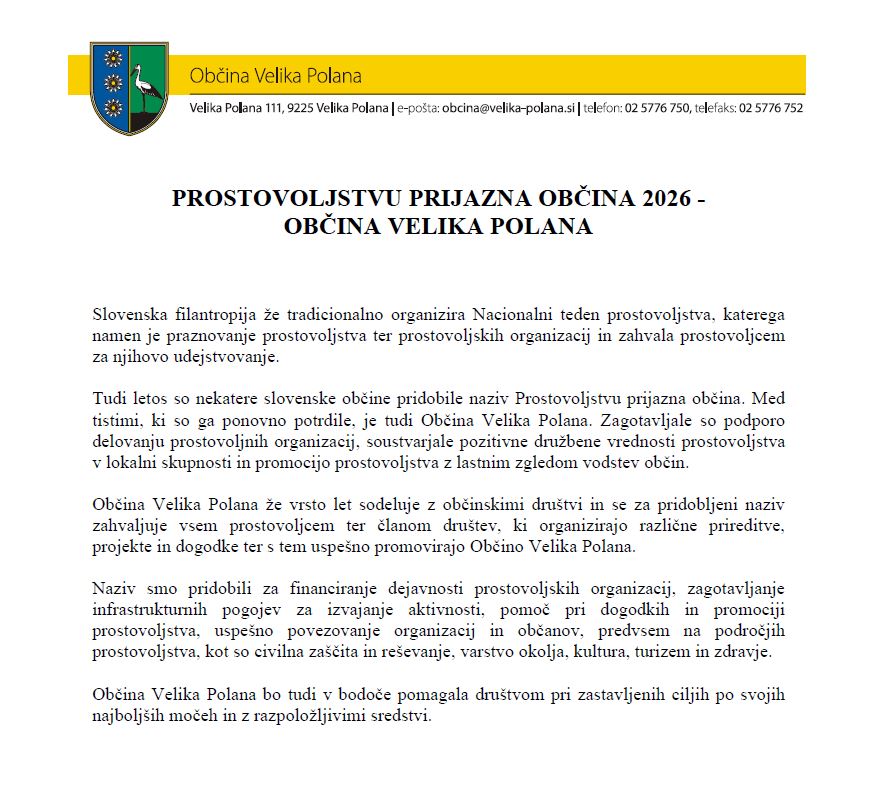 Prostovoljstvu prijazna občina 2026